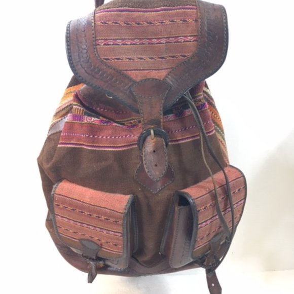 Genuine Leather Rainbow Woven Natural Dyes Textile Backpack Made in Bolivia BOHO - Picture 1 of 16